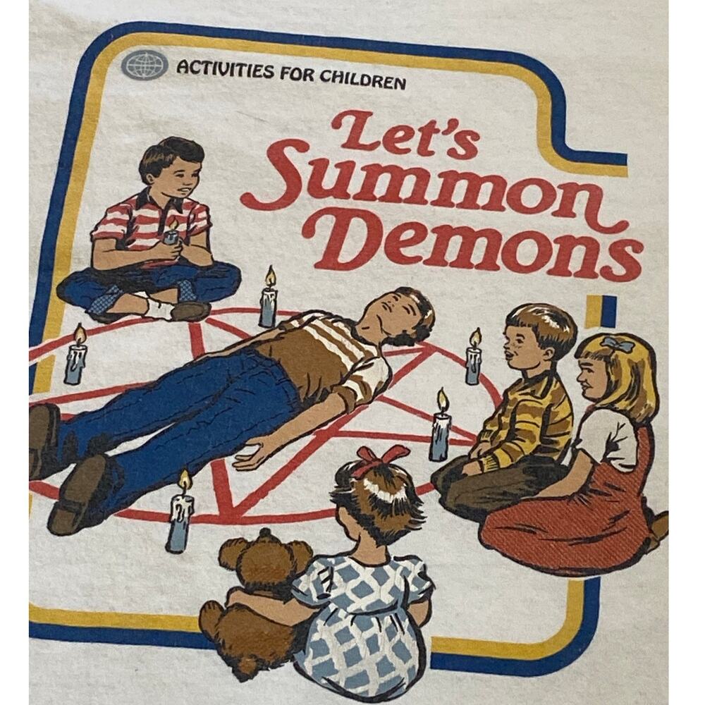 Threadless Steven Rhodes Mens XL T Shirt White Lets Summon Demons Graphic Tee